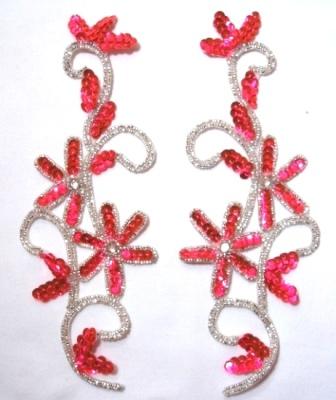 Pinkish Orange Floral Vine 8" Mirror Pair Sequin Beaded Applique  K8119