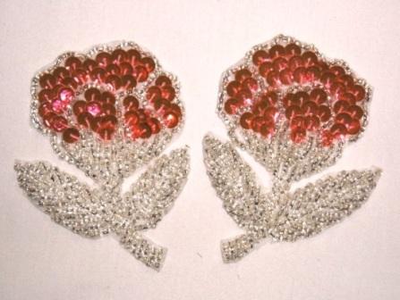 K8126 Pinkish Orange Flower Mirror Pair Sequin Beaded Appliques 3.25"
