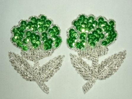 K8126  Neon Lime Green Flower Mirror Pair Sequin Beaded Appliques 3.25"