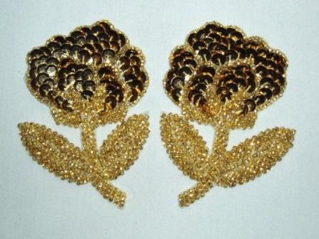 K8126  Gold Flower Mirror Pair Sequin Beaded Appliques 3.25"
