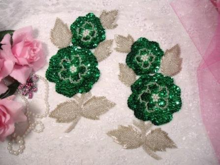 K8127  Green Rose Mirror Pair Sequin Beaded Appliques 8.25"