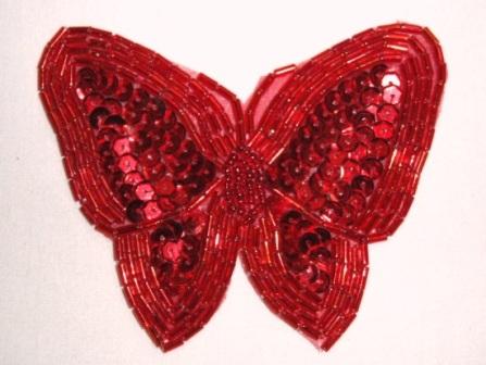 K8129  Red Butterfly Sequin Beaded Applique 3.5"