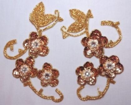 K8131  Gold Rhinestone Mirror Pair Sequin Beaded Appliques 6"