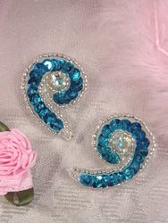 AT8136  Set of (2) Turquoise Curl Mirror Pair Sequin Beaded Appliques 1.25"
