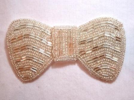 K8137  Silver Bow Beaded Applique 3.75"