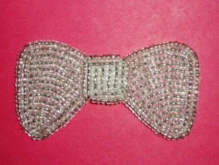 K8137A  Silver Small Bow Beaded Applique 2.5"