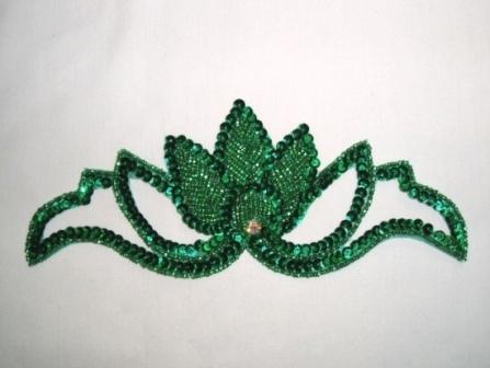 K8143  Kelly Green Rhinestone  Beaded Sequin Applique 7.25"