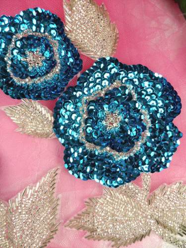 K8127 Turquoise Silver Rose Mirror Pair Beaded Sequin Appliques 8.25"