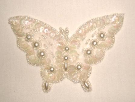 K8255A Crystal AB Pearl Butterfly Beaded Applique 3.75"