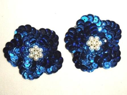 K8261 Set of (2) Blue Flower Pair Sequin Beaded Appliques 1.75"