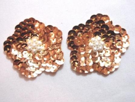 K8261  Set of (2) Gold Flower Pair Sequin Beaded Appliques 1.75"