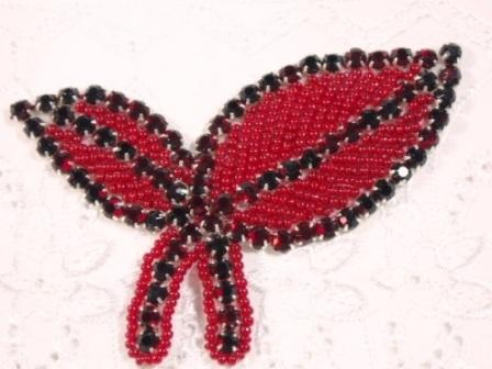 K8264 Red Leaf Rhinestone Beaded Applique 3.5"