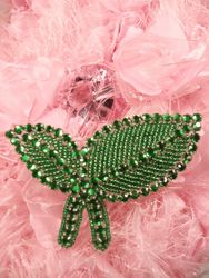 K8264 Green Leaf Rhinestone Beaded Applique 3.5"