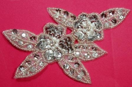 K8266  Silver Floral Sequin Beaded Applique 5"