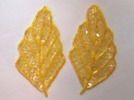 K8269  Yellow Crystal AB Leaf Pair Sequin Beaded Appliques  3.25"