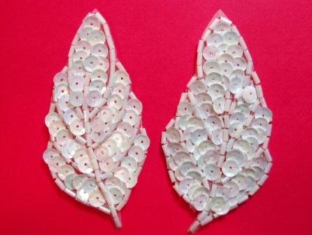 K8269  White AB Leaf Pair Sequin Beaded Appliques  3.25"