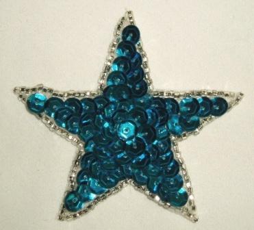 K8272  Turquoise Star Sequin Beaded Applique 2.5"