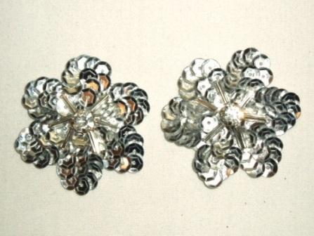 K8276 Set of 2 Silver Rhinestone Floral Pair Sequin Applique 1.5"
