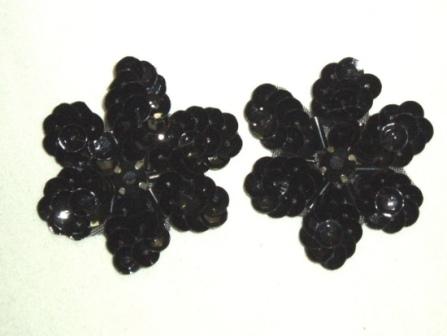 K8276  Set of 2 Black Jewel Floral Pair Sequin Applique 1.5"