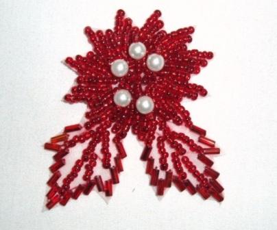 K8281 Red Beaded Floral Leaf Applique 2.25"