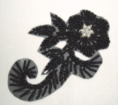 K8282  Black Curl Floral Pearl 4.25" Sequin Beaded Applique