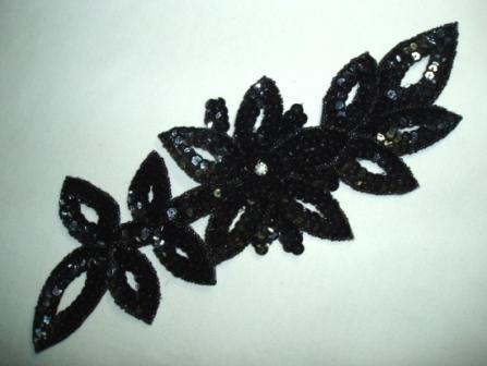K8383  Black Rhinestone Floral Vine Sequin Beaded Applique  11"