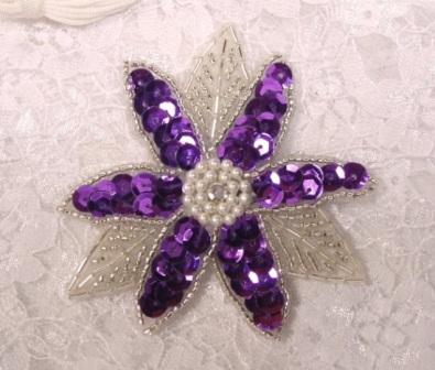K8390  Purple Flower Rhinestone 3" Sequin Beaded Applique