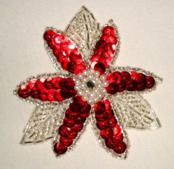 K8390  Red Floral Beaded Sequin Applique 3.25"