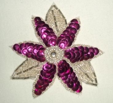 K8390  Fuchsia Floral Beaded Sequin Applique 3.25"