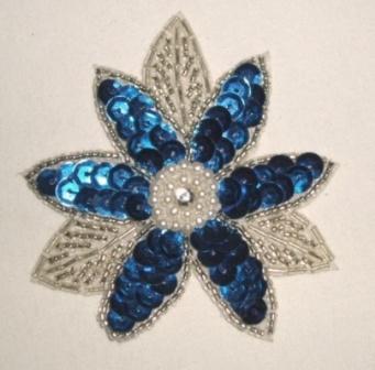 K8390  Blue Floral Beaded Sequin Applique 3.25"