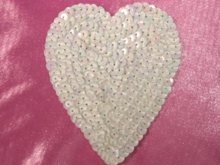 K8395   White AB Heart  Sequin Applique 3.5"