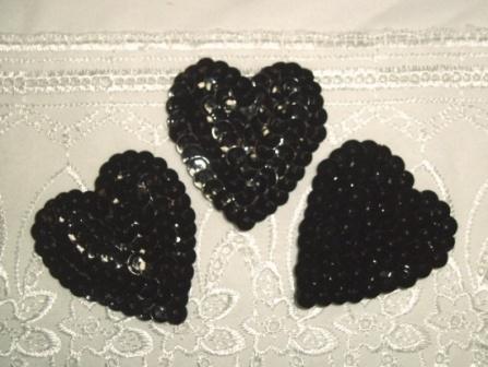 K8395A  Set of 3 Black Heart  Sequin Applique 2"