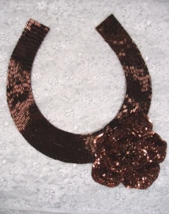 K8398  Bronze Floral Collar Sequin Beaded Applique  11"