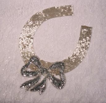 K8400  Silver Bow Collar Sequin Beaded Applique 11.25"