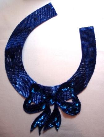 K8400  Blue Bow Collar Sequin Beaded Applique 11.25"