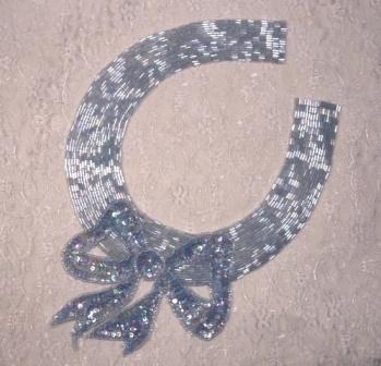 K8400   Lt. Blue AB Bow Collar Sequin Beaded Applique 11.25"
