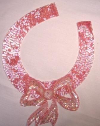 K8400   Pink AB Bow Collar Sequin Beaded Applique 11.25"