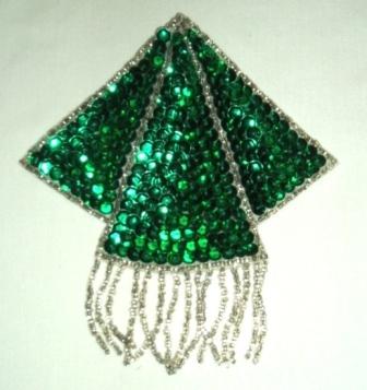 K8401  Green Silver Triangle Epaulet Sequin Beaded Applique  5.25"