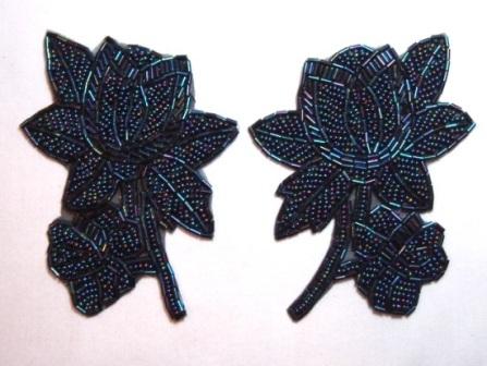 K8510  Black AB Floral Mirror Pair Beaded Appliques  4.5"