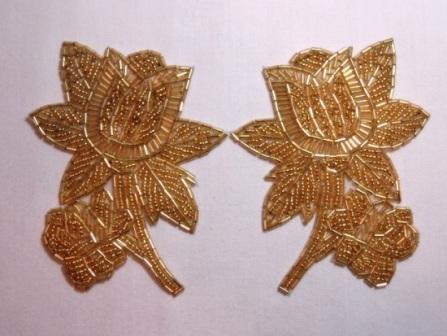 K8510  Gold Floral Mirror Pair Beaded Appliques  4.5"