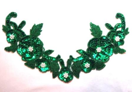 K8616 Green Floral Pearl Collar 10.5" Sequin Beaded Applique