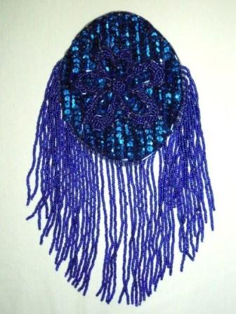 K8619  Blue Oval Dangle Epaulet Sequin Beaded Applique 9.25"