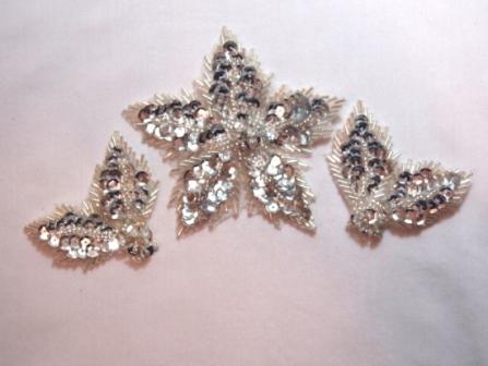 K8624  Silver 3 Piece Set Floral  Sequin Beaded Applique 3.5"