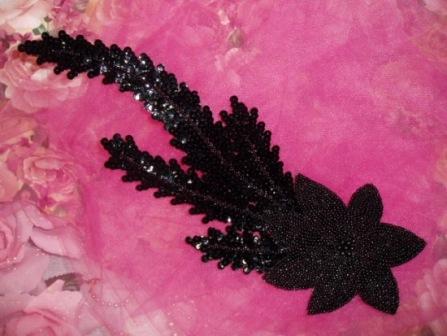 K8631  Black Floral Starfish Seaweed Sequin Beaded Applique 11.5"