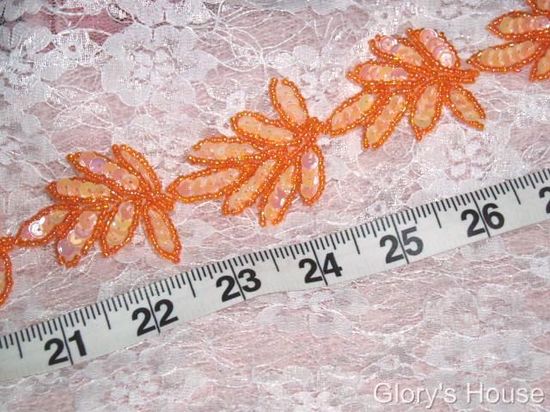 T8633 Peach Orange Leaf  Vine Sequin Beaded Trim