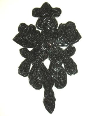 K8636  Black Victorian Beaded Applique Motif 6.75"