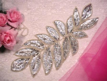 K8741  Silver Leaf Cluster Sequin Beaded Applique 15"