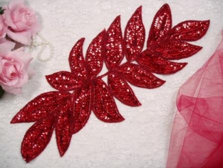 K8741  Red Leaf Cluster Sequin Beaded Applique 15"