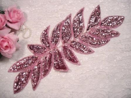 K8741  Mauve Leaf Cluster Sequin Beaded Applique 15"