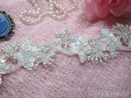 T8903  White AB Flower Sequin Beaded Applique or Trim